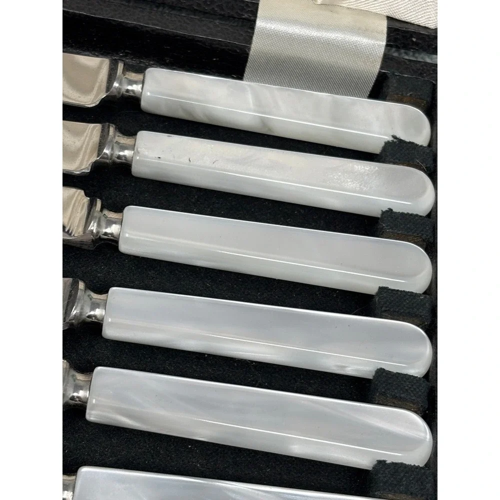 Vtg Eales of Sheffield 6‎ Piece Steak Knife Set Stainless Mother of Pearl Case
